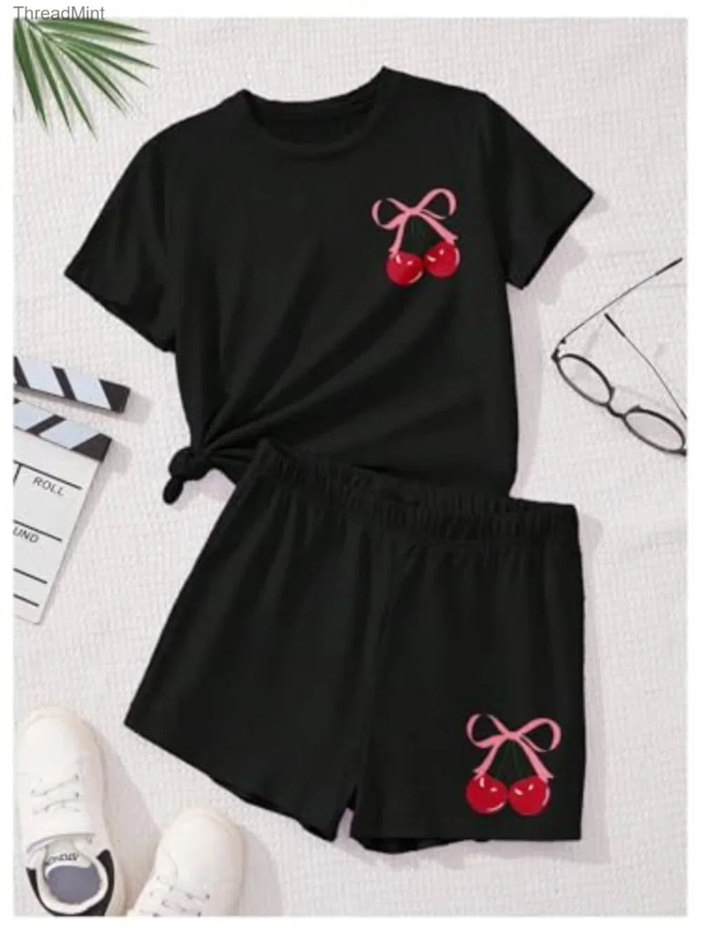Girls 2 Piece Set Cherry Graphic Tee and Shorts Summer